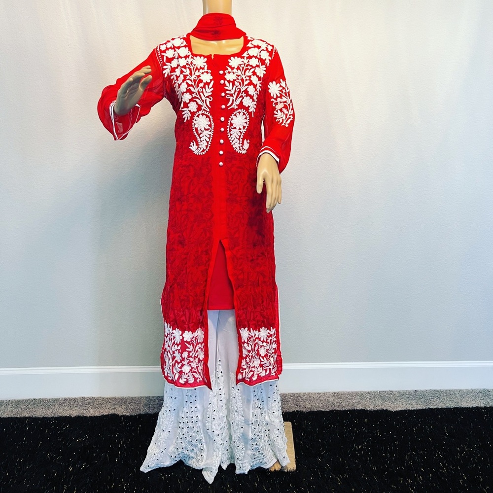 Red long Cut Chikankari suit